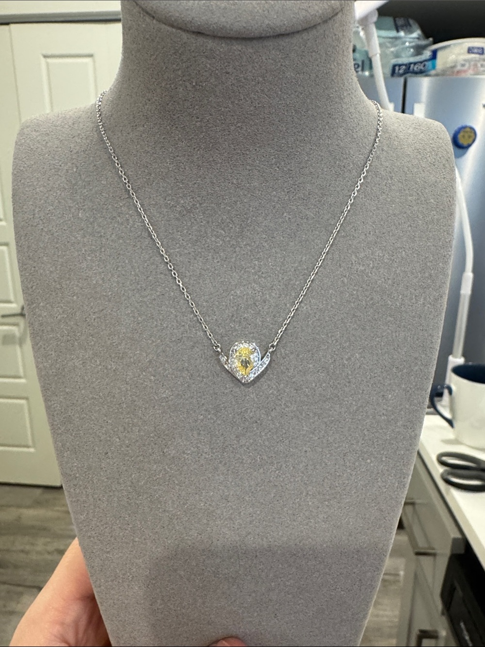 Yellow Teardrop CZ Halo Necklace Silver Tone